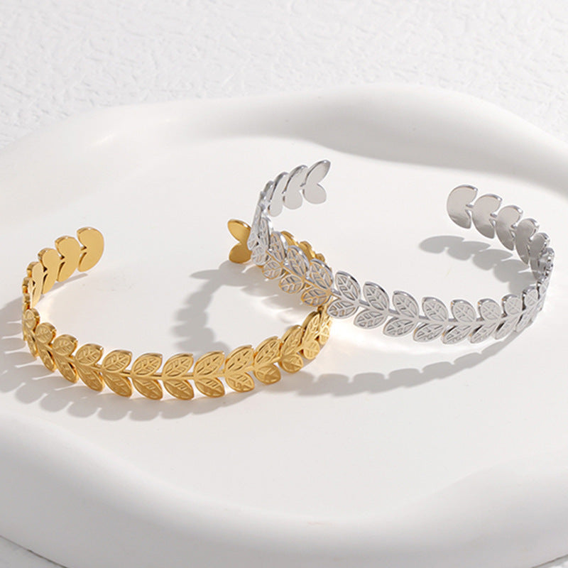 Fashion Leaf Design Adjustable C-Shape Bracelet 18K Gold Plated Stainless Steel Women Jewelry