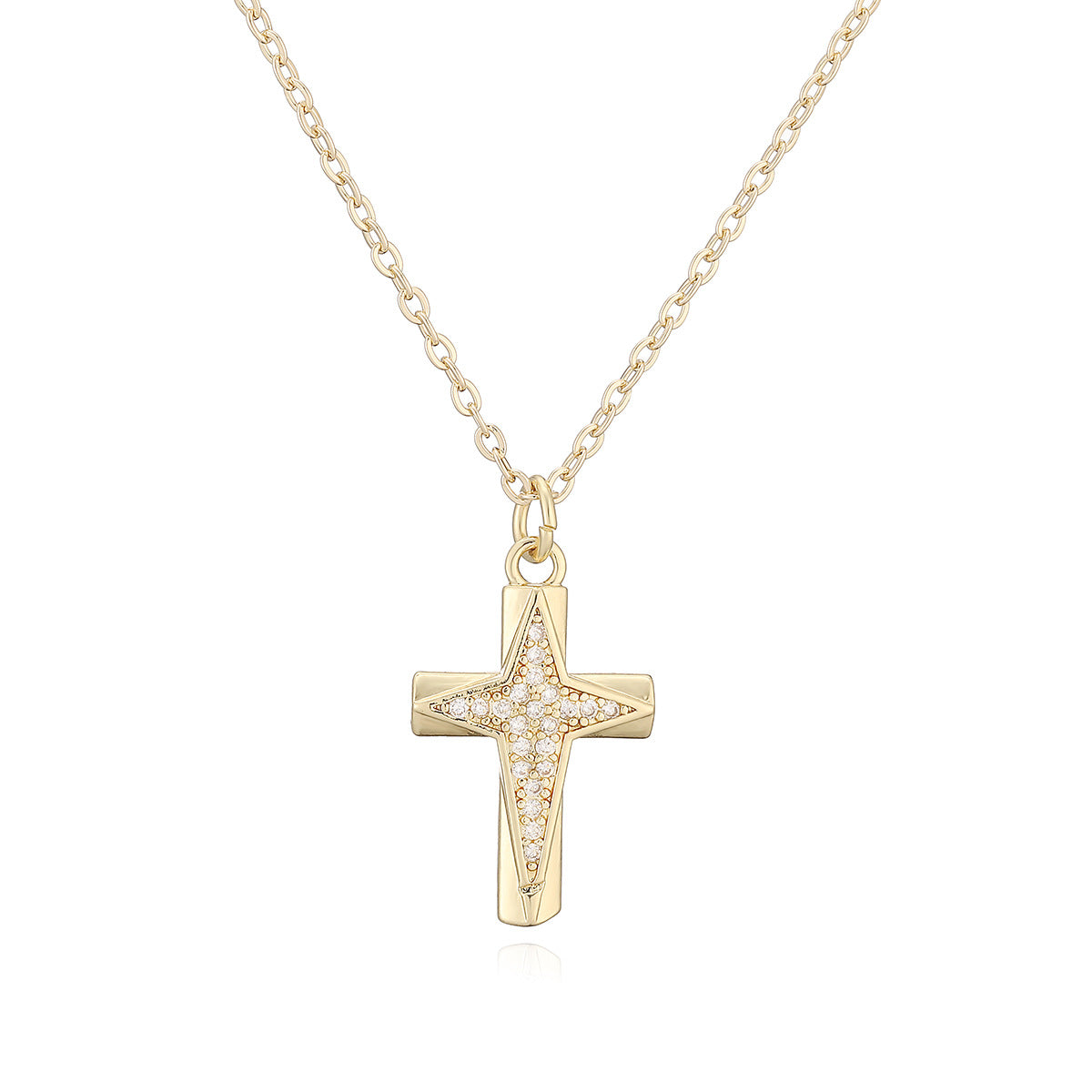 Minimalist 18K Gold Plated Brass Cross Pendant with Cubic Zirconia for Women
