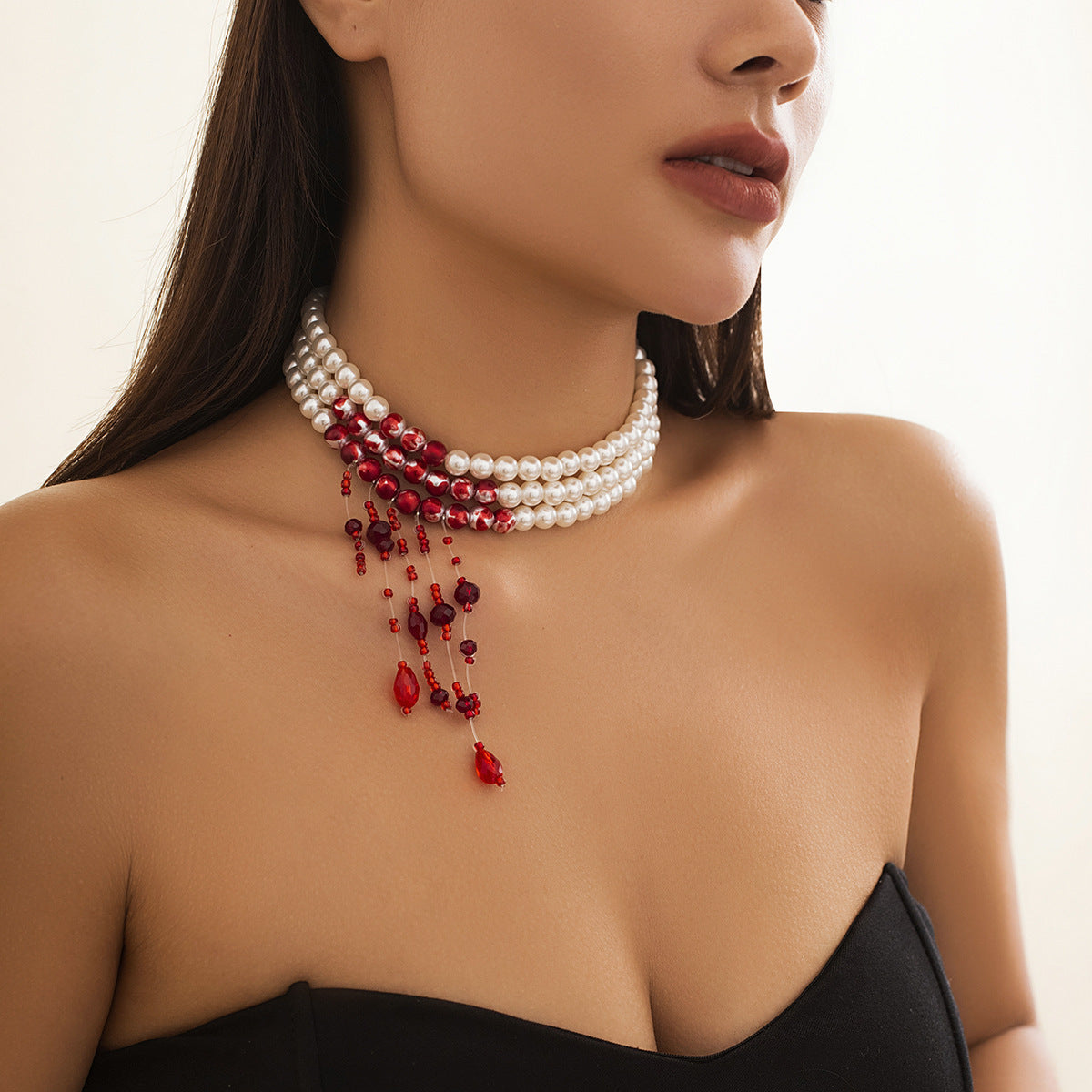 Sweet Gothic Geometric Acrylic and Pearl Beaded Choker Necklace with Tassel for Women