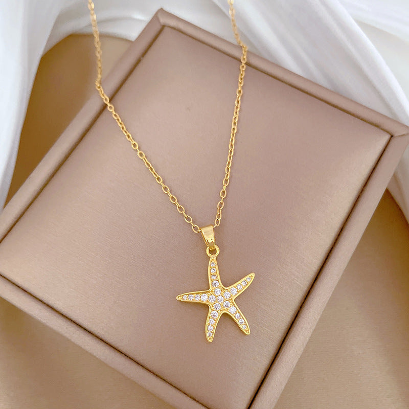 Collana Minimalista a Forma di Stella in Acciaio al Titanio con Intarsi di Strass per Donna e Uomo, Delicata Catena Clavicolare