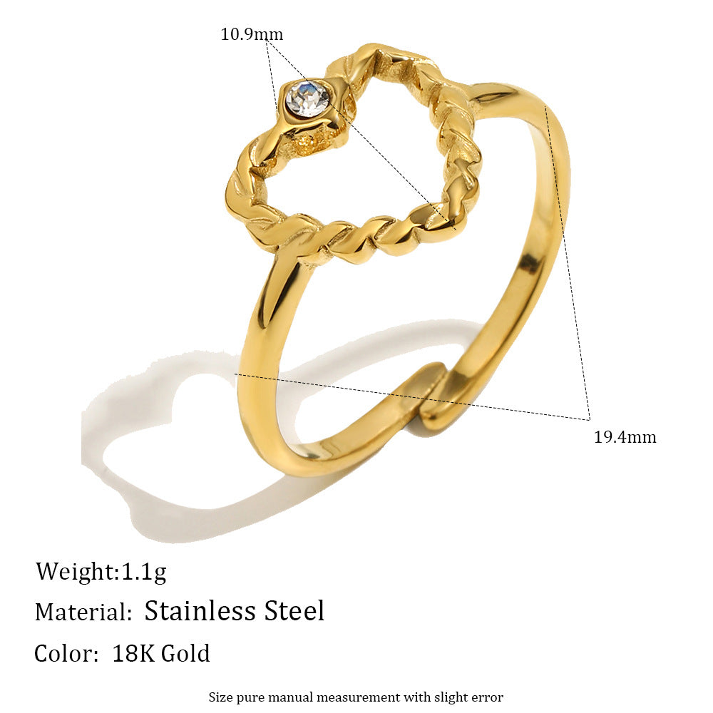 Anillo abierto minimalista de acero inoxidable chapado en oro de 18 quilates con corazón de circonita