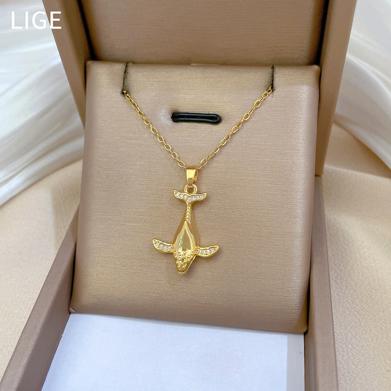 Luxury Titanium Steel Whale Pendant Necklace with Full Rhinestone Inlay Geometric Design for Women and Men, Adjustable Titanium Steel Chain Locket Necklace