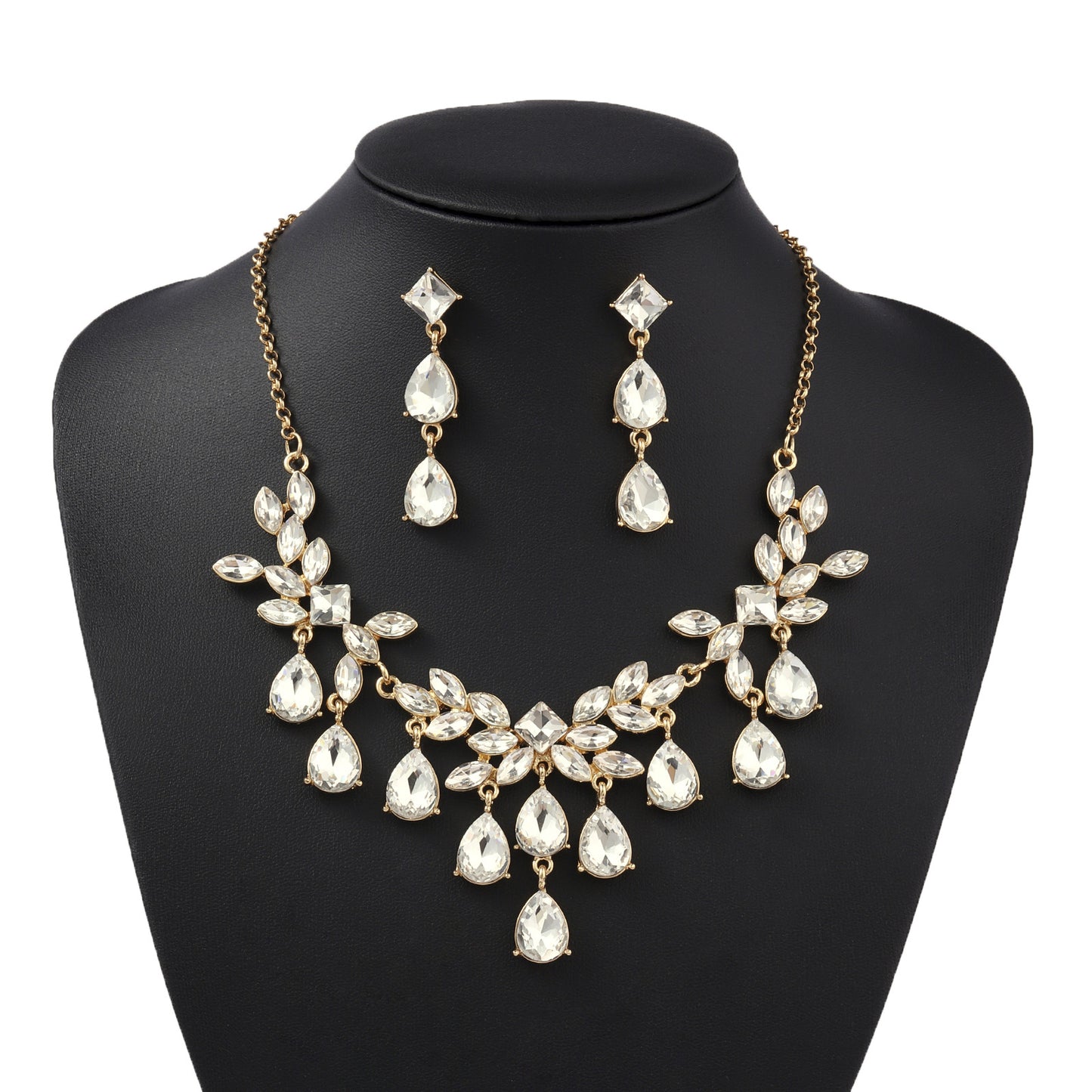 Natural Floral Fresh Sweet Rhinestone Drop Pendant Necklace Set for Women with Alloy Pendant, Glass Inlay, Plated Finish, Box Chain, Earrings and Bracelet