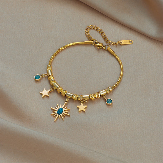 Pulsera de moda con colgante ovalado geométrico de sol y estrella en turquesa azul de acero de titanio con acabado chapado para mujer