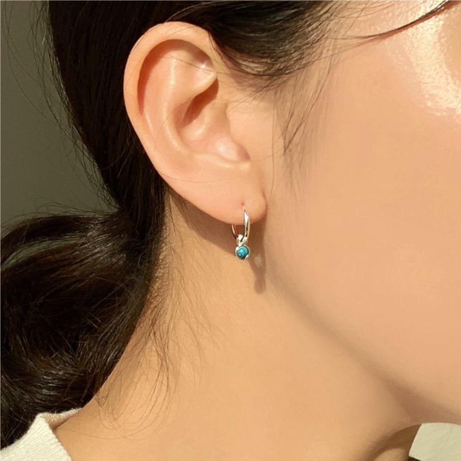 Minimalist Geometric Letter Shape 925 Sterling Silver Stud Earrings with Blue Turquoise Inlay for Women