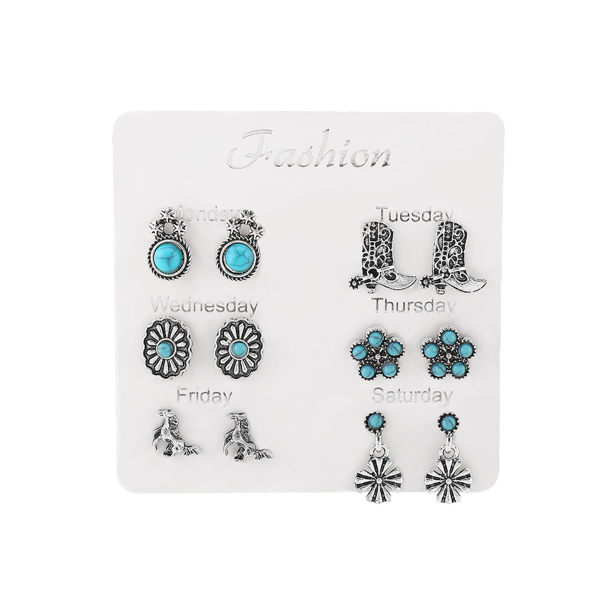 Set di Orecchini Pendenti Geometrici a Goccia in Stile Vintage Etnico a Cuore con Intarsio di Turchese e Finitura Placcata in Lega