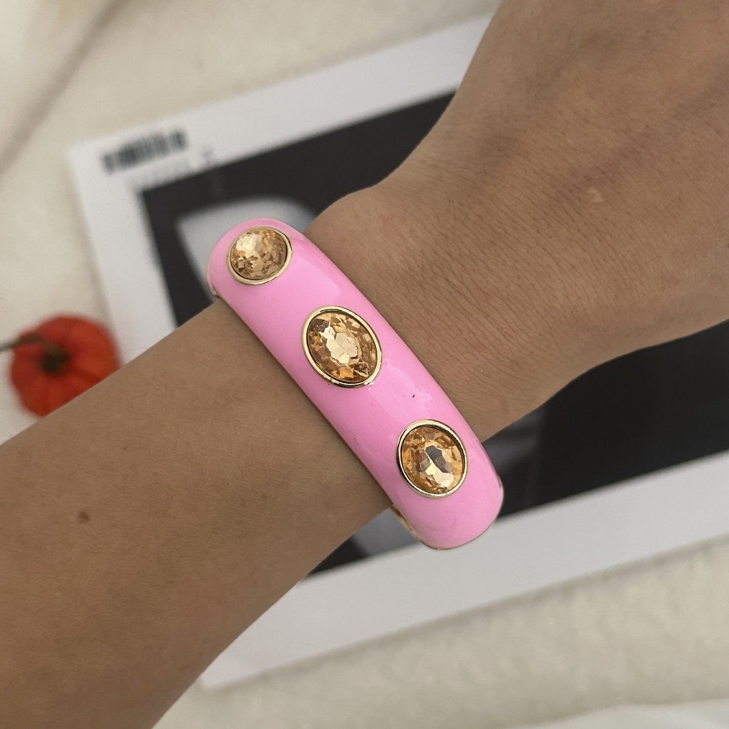 Rose Red Gradient Checkered Geometric Drip Oil Plated Alloy Open Cuff Bracelet