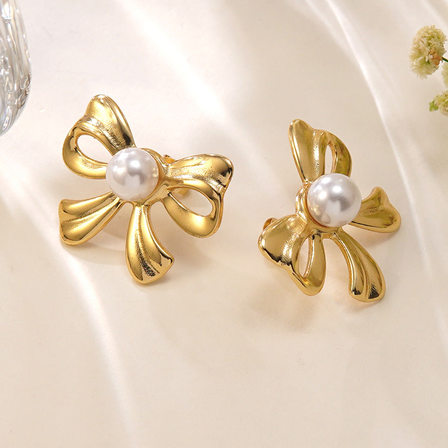 Luxury Stainless Steel Bow Knot Pearl Earrings for Women