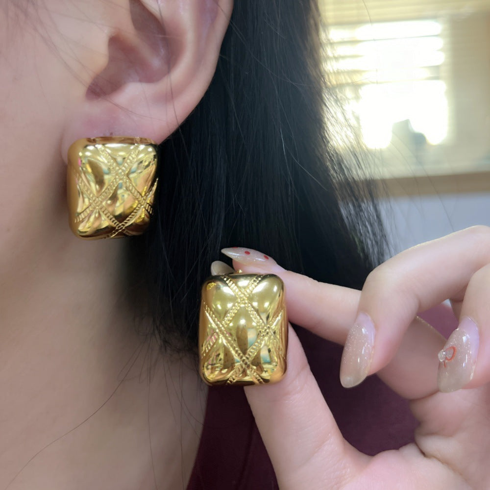 Casual Geometric Square Stainless Steel Stud Earrings with Striped Design for Women