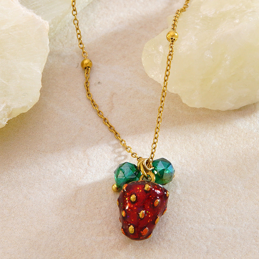Sweet Geometric Round Stainless Steel Plated Strawberry Pendant Necklace Singapore Chain
