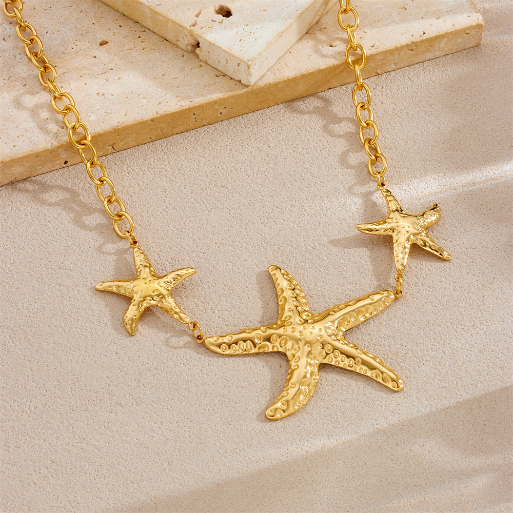 Stainless Steel Plated Star and Shell Pendant Necklace with Cable Chain for Women