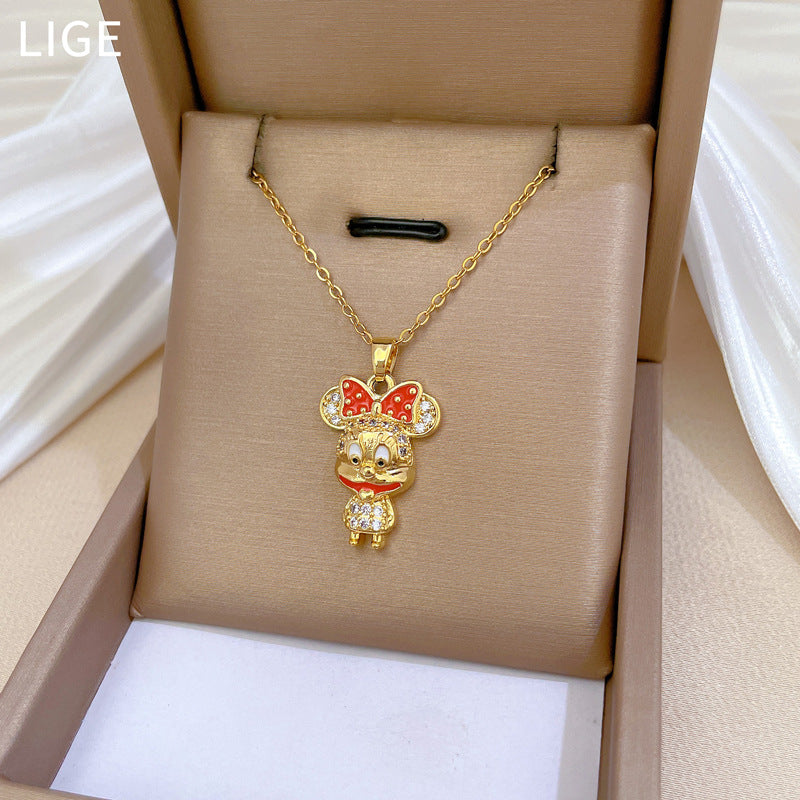 Elegante Collar con Colgante de Lazo para Mujer con Detalles de Diamantes de Imitación en Cadena de Acero de Titanio con Forma Geométrica