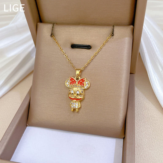 Elegante Collar con Colgante de Lazo para Mujer con Detalles de Diamantes de Imitación en Cadena de Acero de Titanio con Forma Geométrica