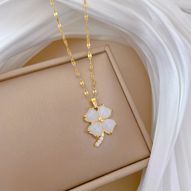 Lucky Clover Pendant Necklace for Women Stainless Steel Geometric Design with Rhinestone Inlay Elegant Clavicle Chain