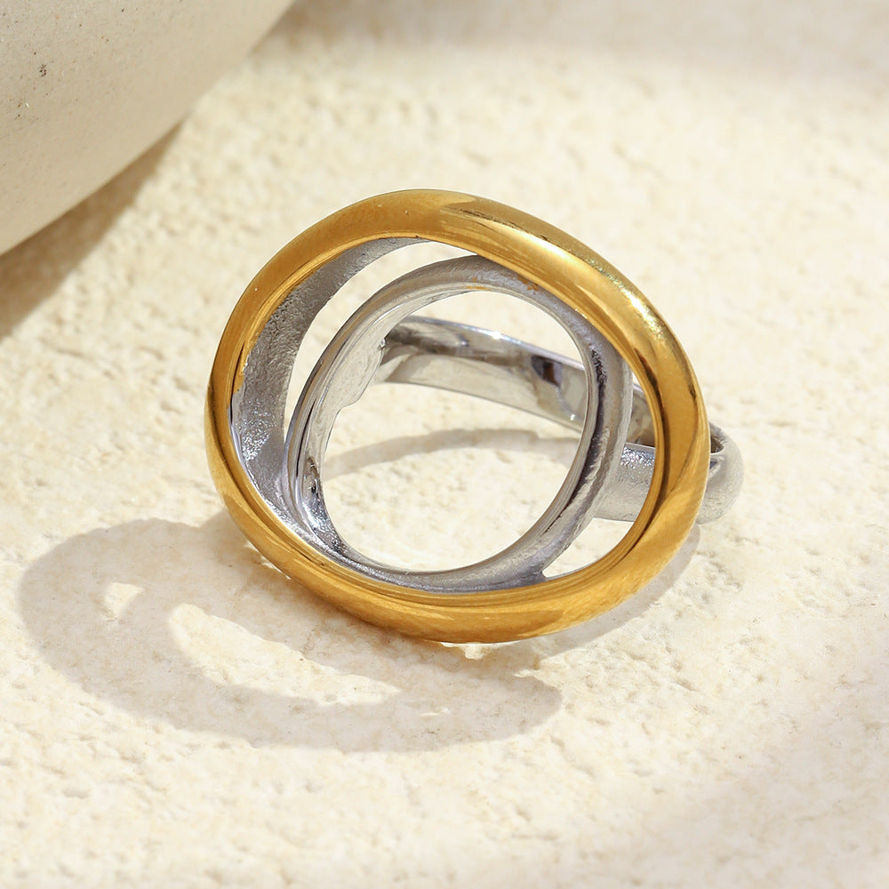 Anillo de acero inoxidable geométrico minimalista con chapado en oro de 18 quilates para mujer, banda ovalada de dos tonos