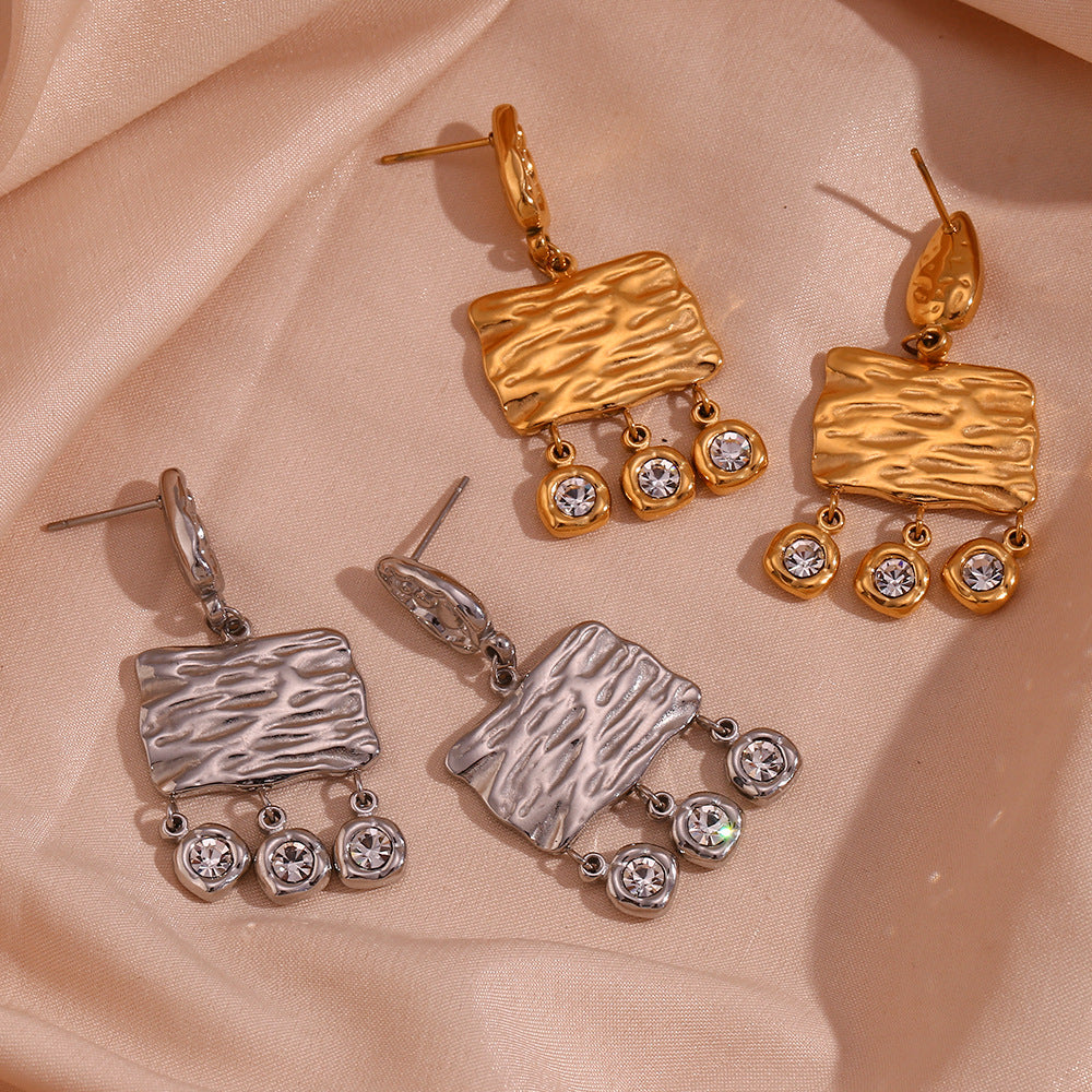 Bohemian Style Geometric Stainless Steel Earrings with 18K Gold Plating and Round Zircon Accents for Women