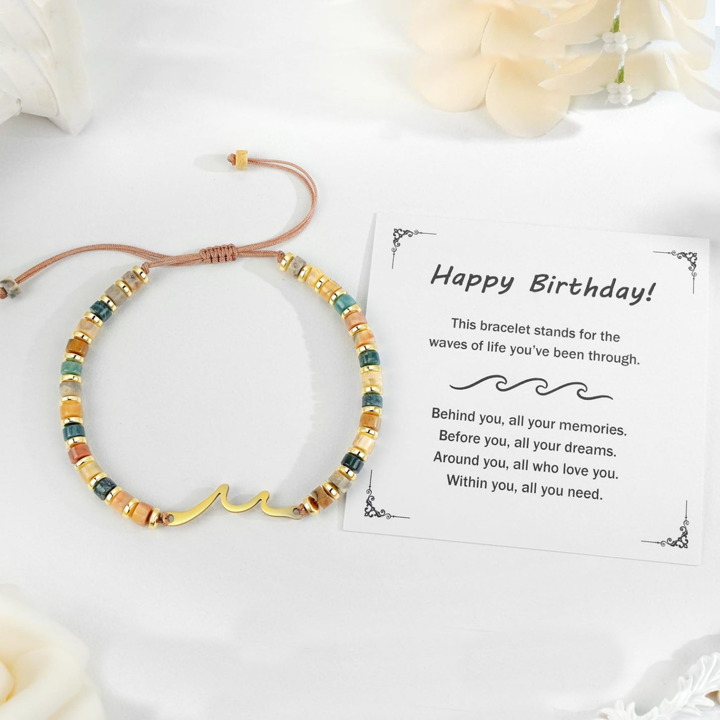 Business Casual Gold Plated Stainless Steel Woven Wave Bracelet with Natural Stone Beads Adjustable Unisex