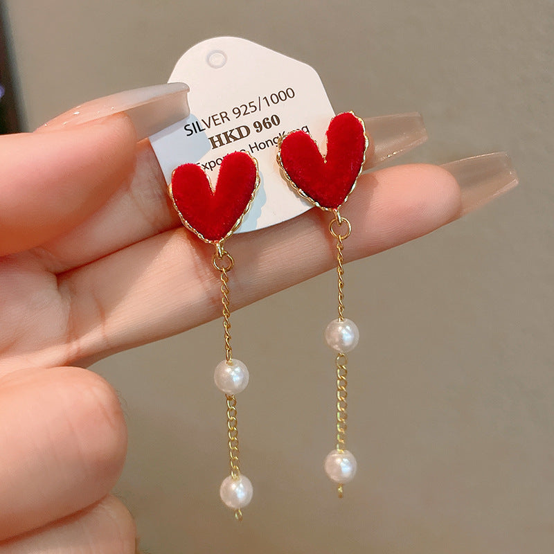 Elegant Geometric Dangle Stud Earrings for Women with Red Tassels, Alloy Base and Gold Plated Finish