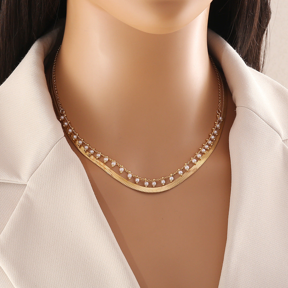 Fashion OL Style Double Layer Stainless Steel Necklace with Pearl Accents for Women
