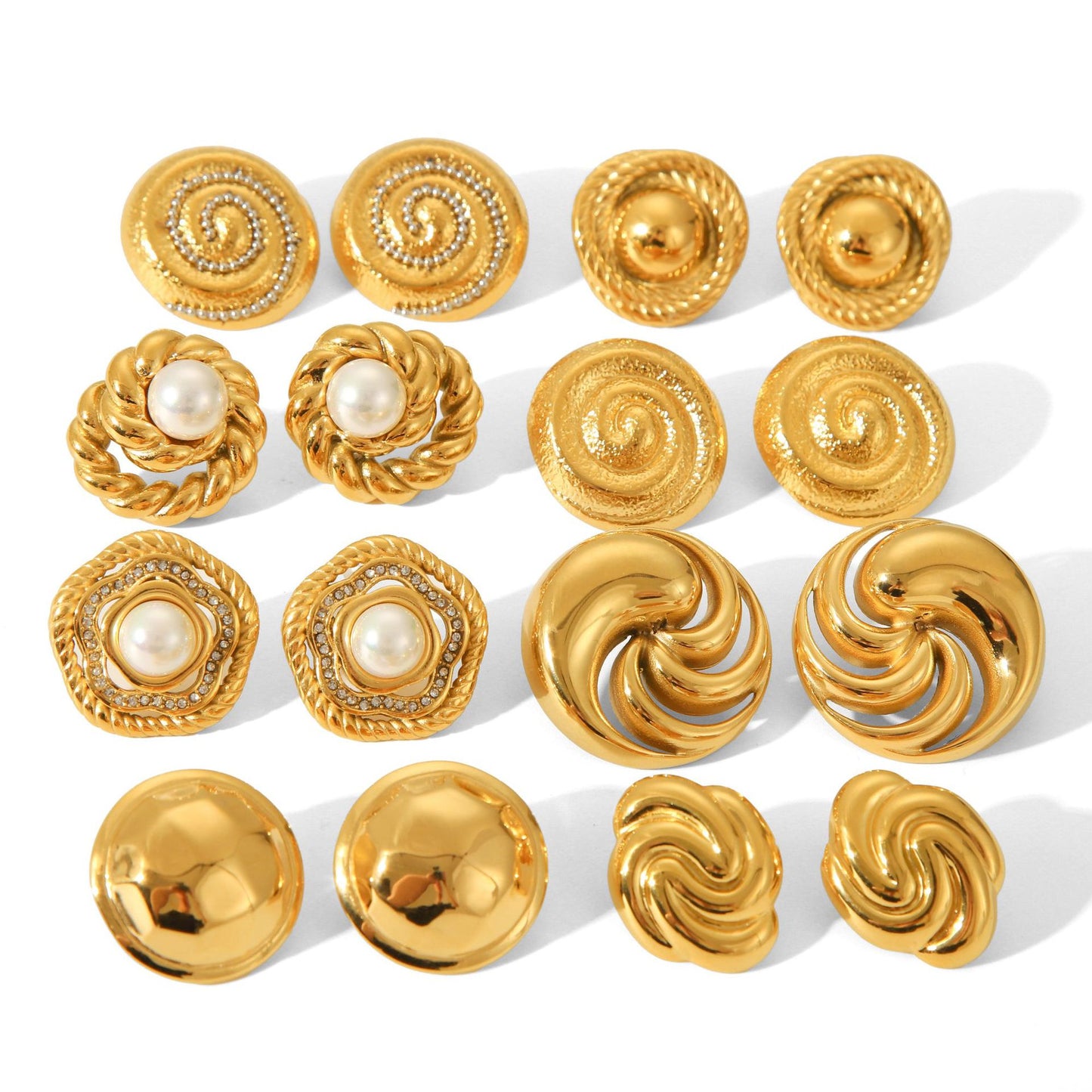 Geometric Spiral Swirl Titanium Steel Earrings with 18K Gold Plating and Pearl Accents for Women