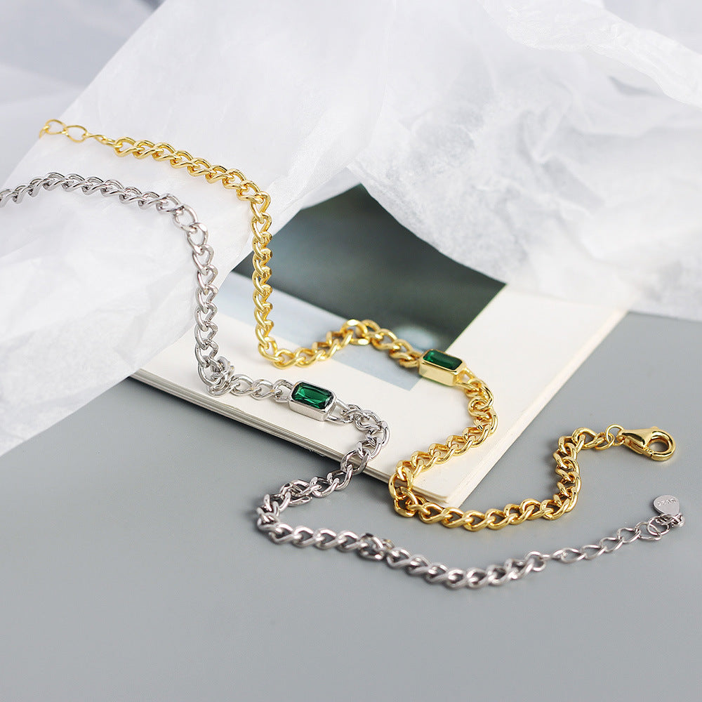 Bracciale a catena con maglie a cordolo in argento sterling 925 di lusso, elegante, geometrico, rettangolare, con intarsio di smeraldo da donna