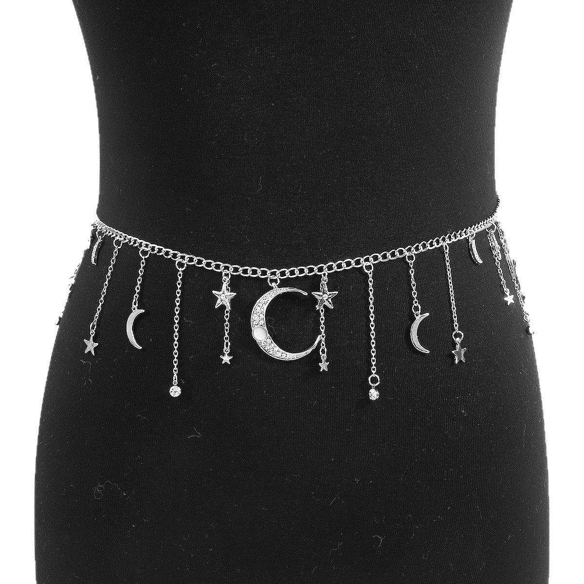Catena per il corpo Bohemien a stella e luna da donna con nappine, base in ferro e intarsio di strass, catena regolabile in vita per l'estate
