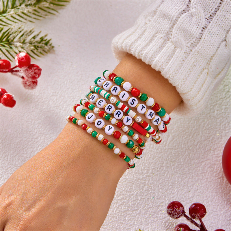 Handmade Christmas Style Beaded Bracelet Set with Alphabet Charms and Polymer Clay Beads in Alloy for Unisex Wear