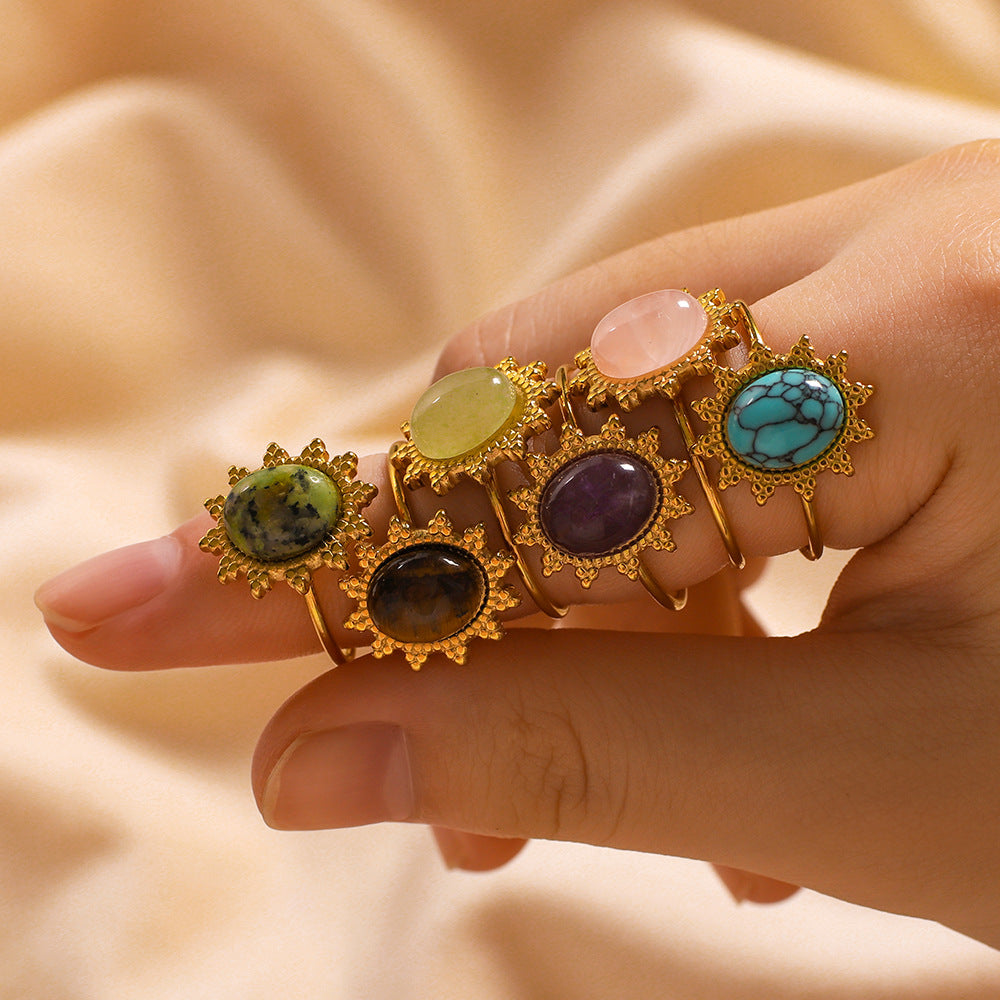 Anello Geometrico in Acciaio Inossidabile con Intarsi in Occhio di Tigre e Turchese, Anello da Donna Regolabile alla Moda