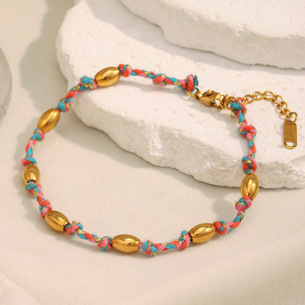 Fashionable Geometric Stainless Steel Plated 18K Gold Knotted Beaded Bracelet for Women