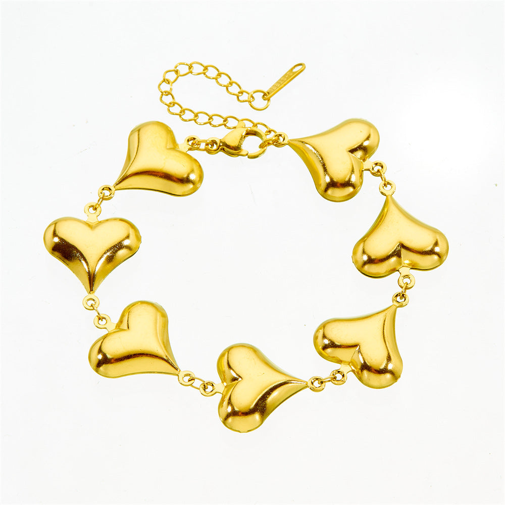 Minimalist Polished Stainless Steel Heart Cable Chain Necklace and Bracelet Set for Women