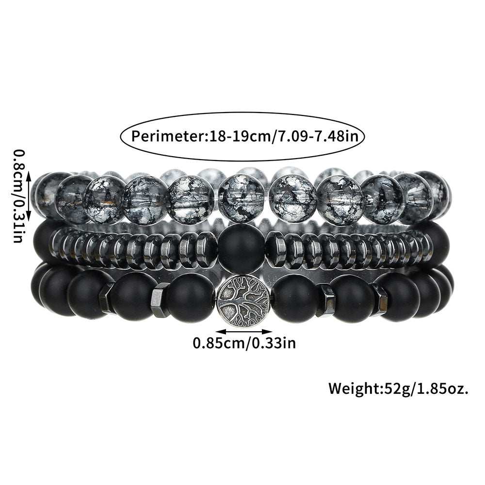 Bohemian Vintage Round Matte Hematite Bead Bracelet Set Alloy Tree of Life Multi-layer Stacking