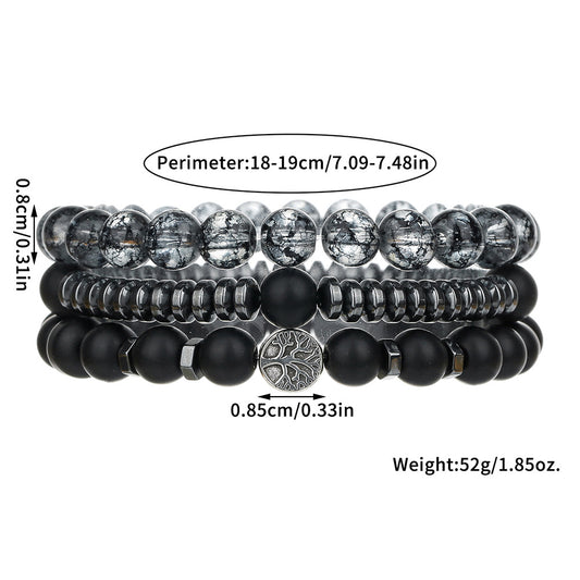 Bohemian Vintage Round Matte Hematite Bead Bracelet Set Alloy Tree of Life Multi-layer Stacking