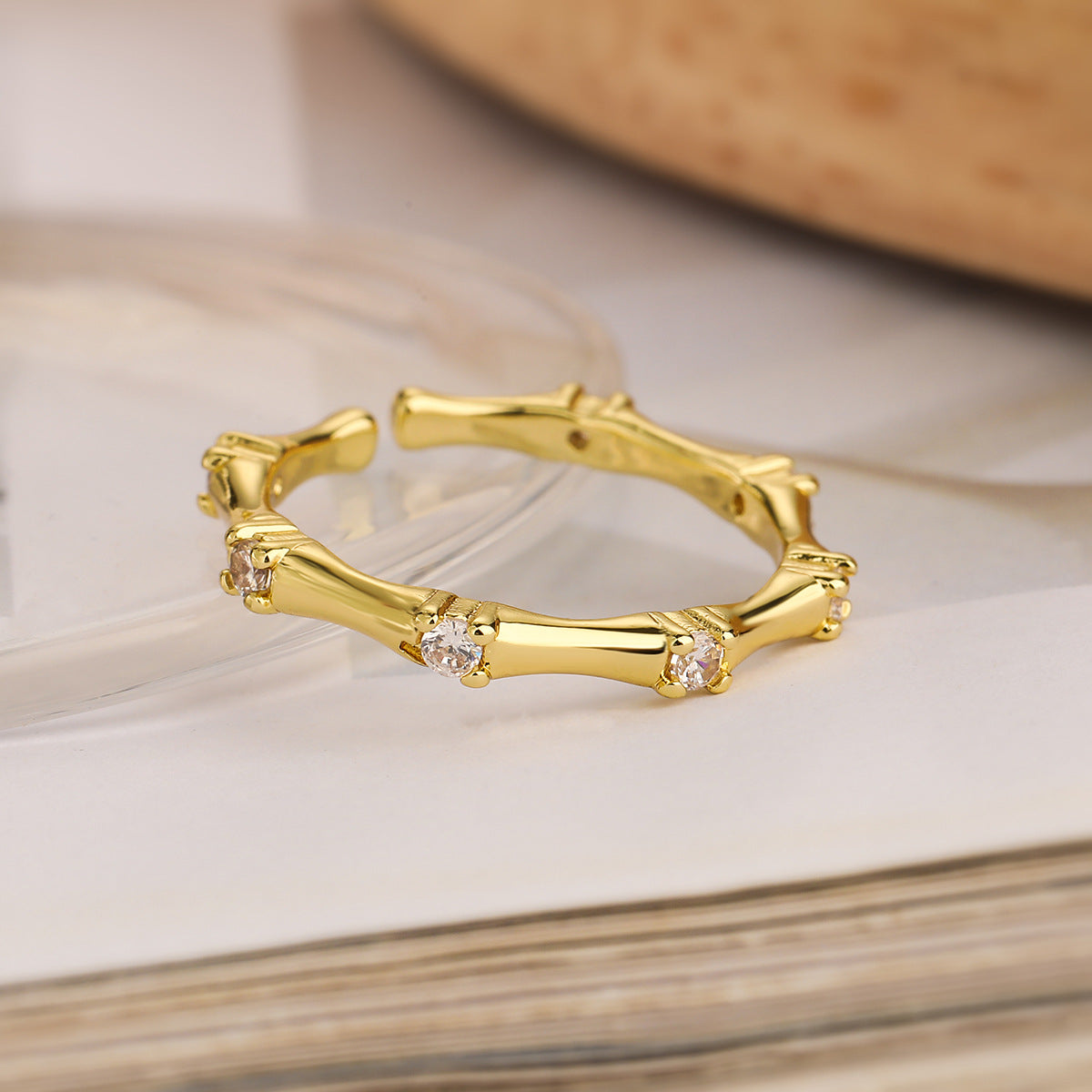 Minimalist Irregular Geometric Copper Ring with 18K Gold Plating and Zircon Inlay for Women