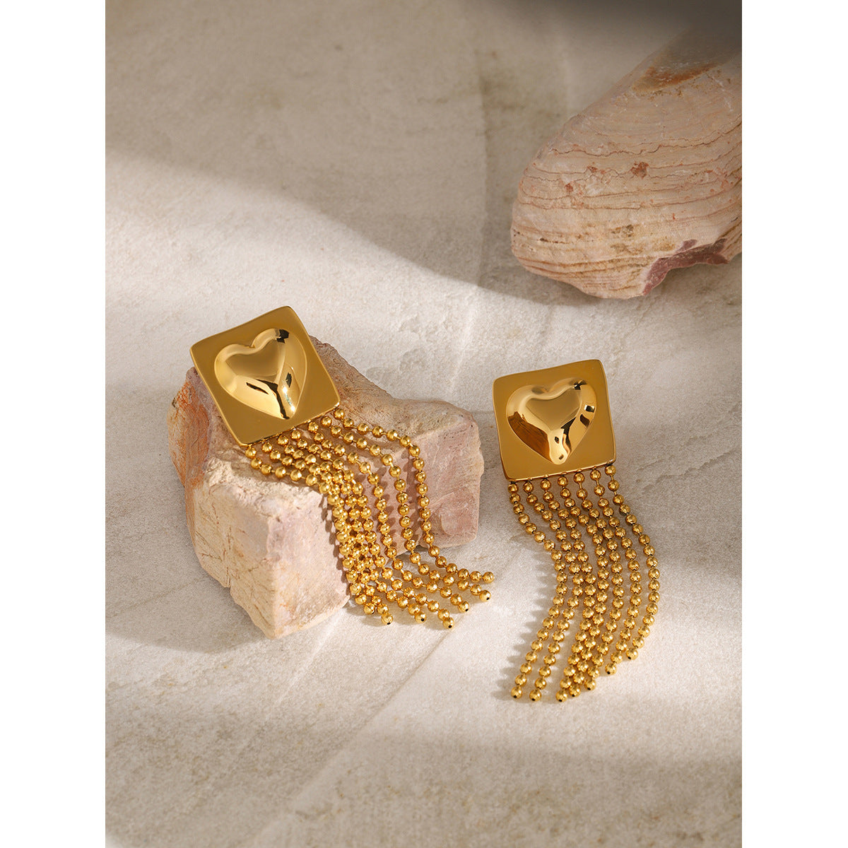 18K Gold Plated Stainless Steel Square Heart Tassel Earrings