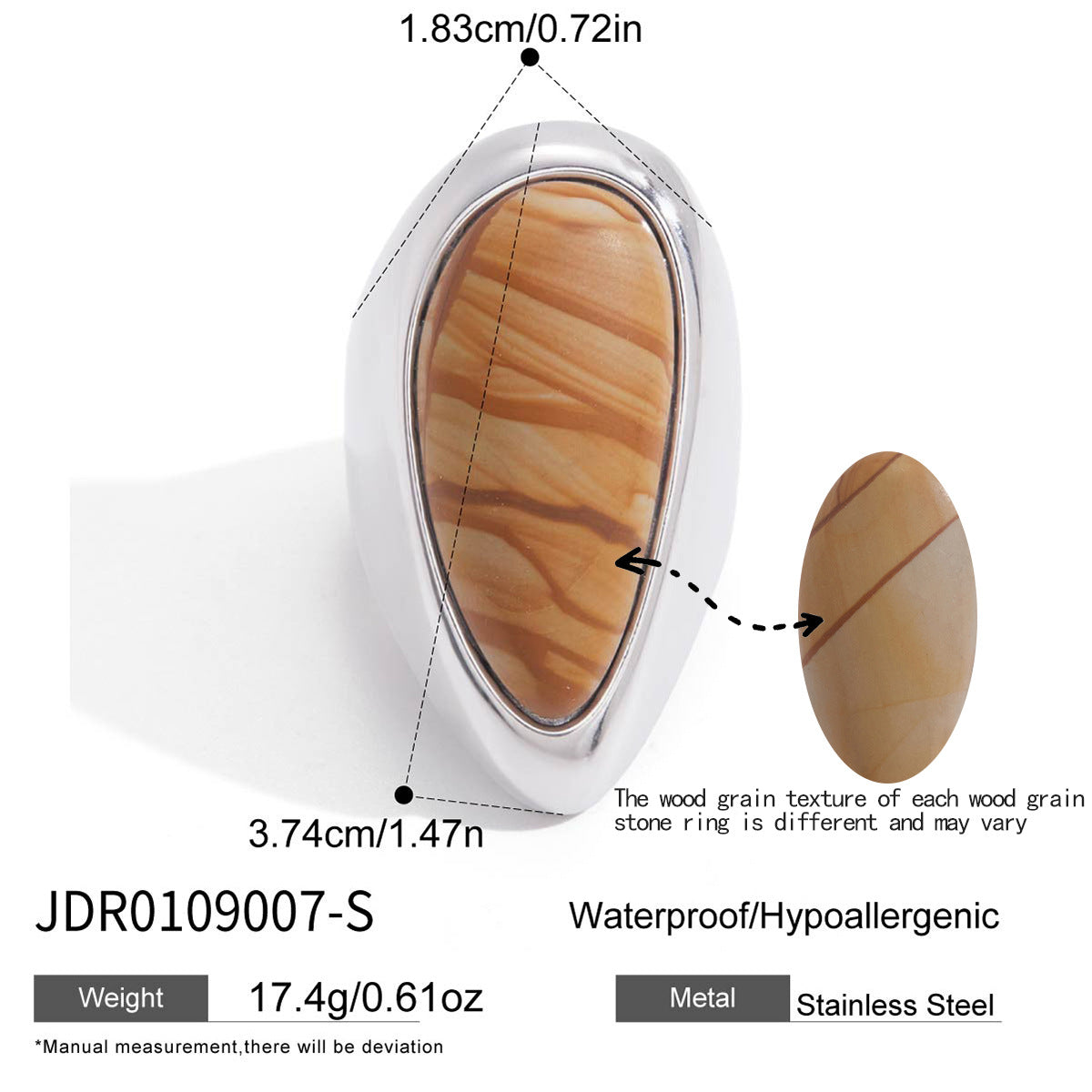 Anillo de acero de titanio con grano de madera geométrica estilo vintage para mujer con banda de acero inoxidable con chapado de oro al vacío PVD