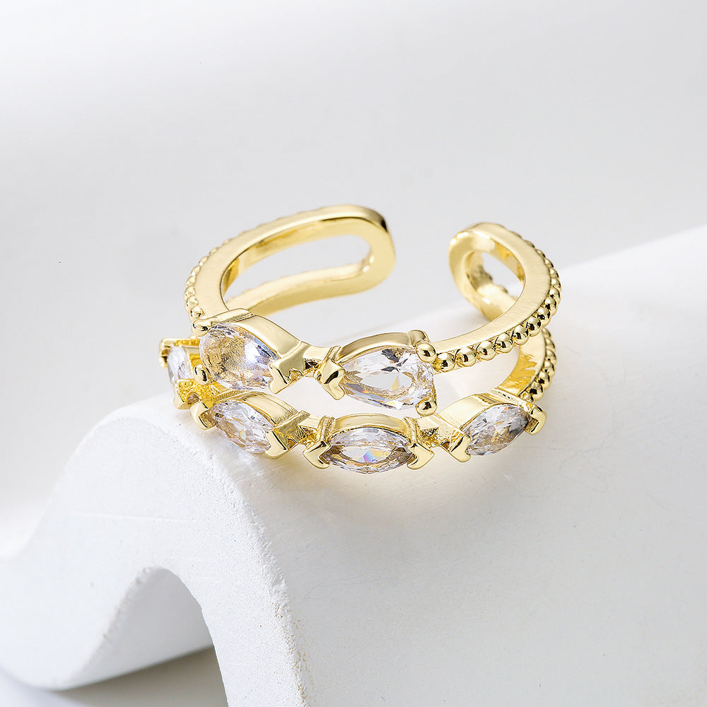 Geometric Open Ring for Women with Copper Base Plated in 18K Gold and Micro-Paved Zirconia