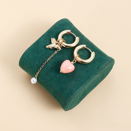 Orecchini a perno asimmetrici a cuore e uccello in stile vintage, geometrici, in lega di zinco con finitura placcata