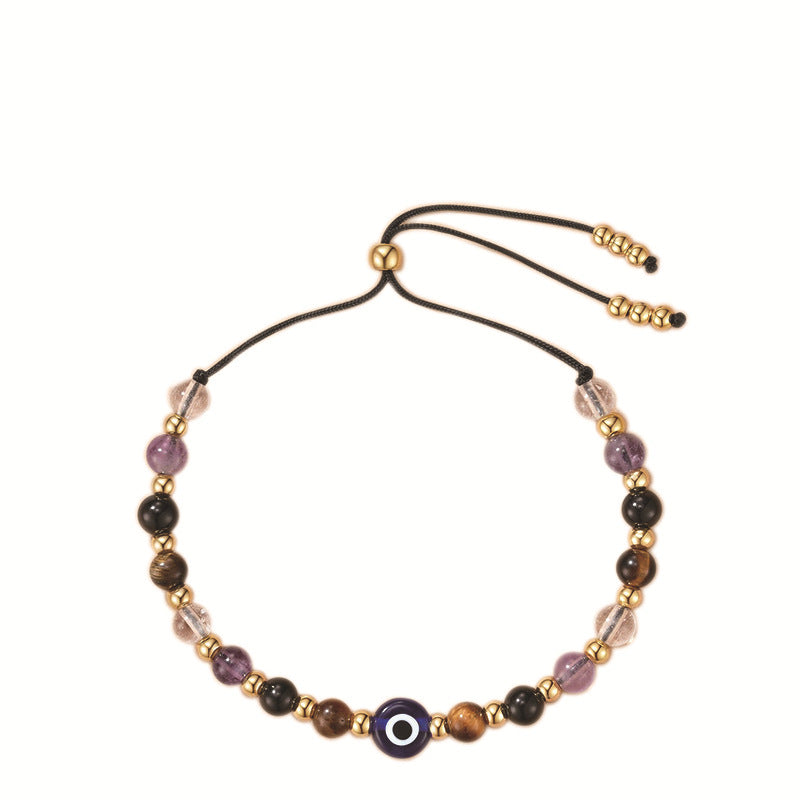 Elegant Geometric Crystal Beaded Bracelet with Evil Eye Charm and Adjustable Drawstring Closure for Women