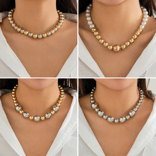 Punk Geometric Round Resin Beaded Necklace Plated Ball Chain Women's Jewelry
