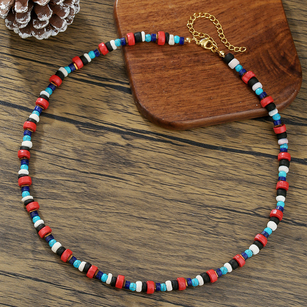 Handmade Geometric Wood and Turquoise Beaded Necklace with Cable Chain for Unisex Summer Beach Wear