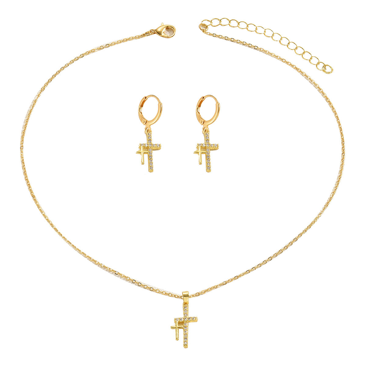 Set di collana con ciondolo a croce e orecchini minimalisti da donna con intarsio in zircone su catena in rame