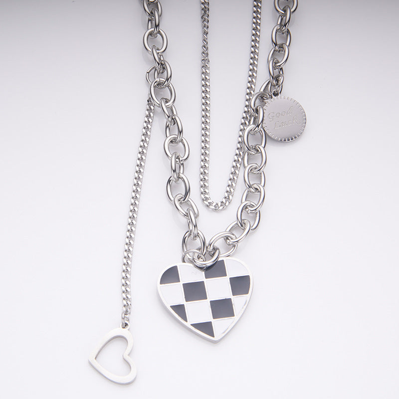 Sweet and Edgy Black and White Checkered Heart Pendant Necklace in Stainless Steel with Plated Finish