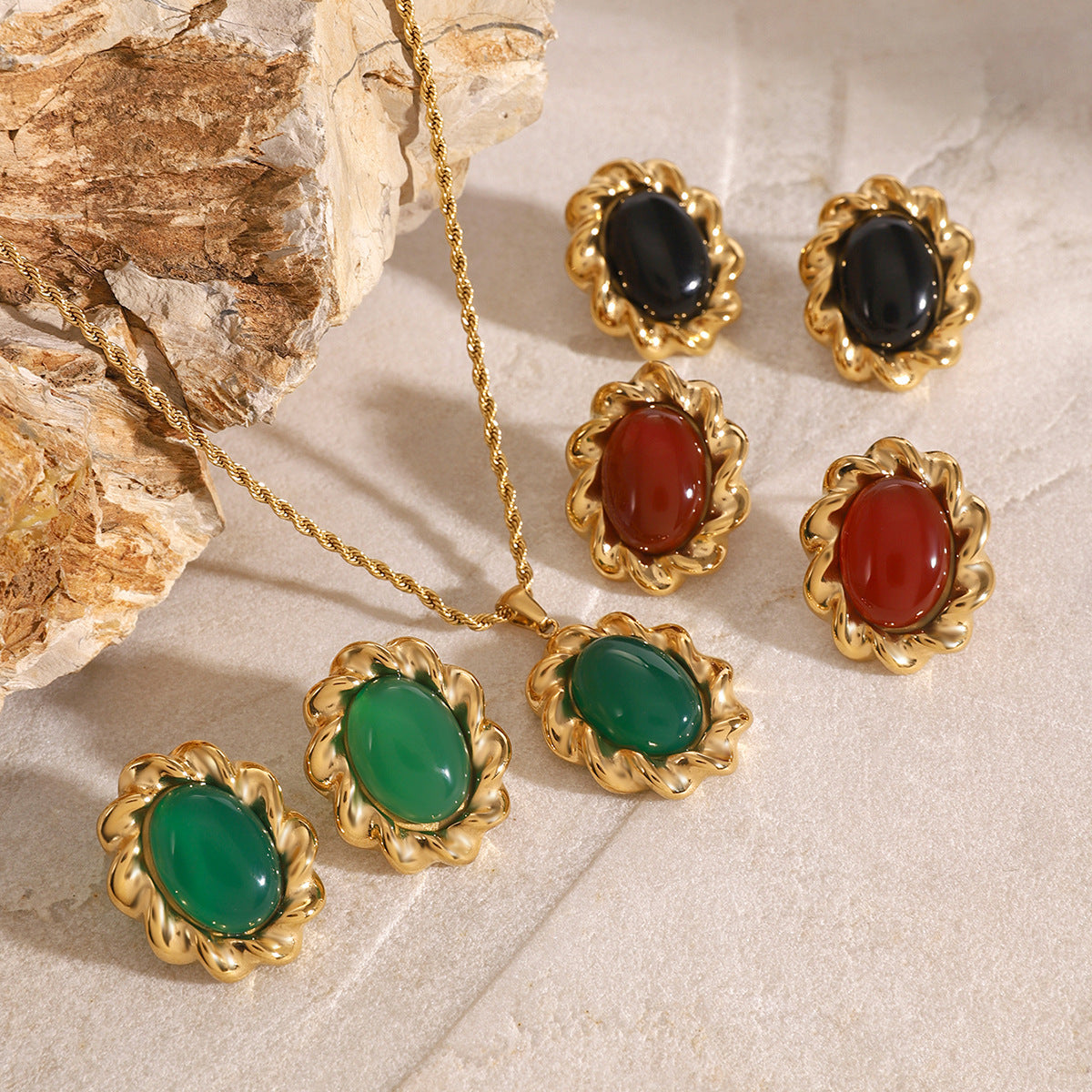 Vintage Geometric Round Stainless Steel Plated Agate Inlay Rope Chain Earrings