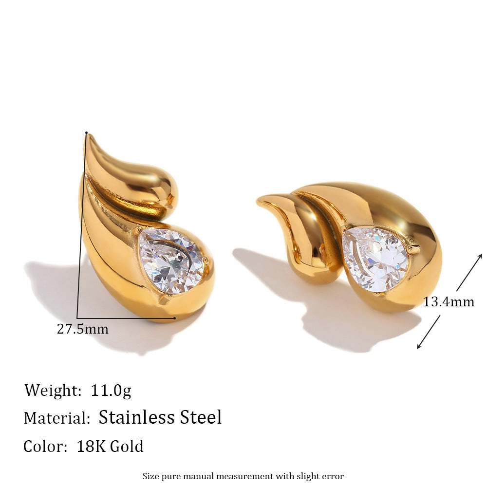 Fashionable OL Style Floral Petal Shaped Stainless Steel 18K Gold Plated Dangle Earrings with Cubic Zirconia and Enamel Finish