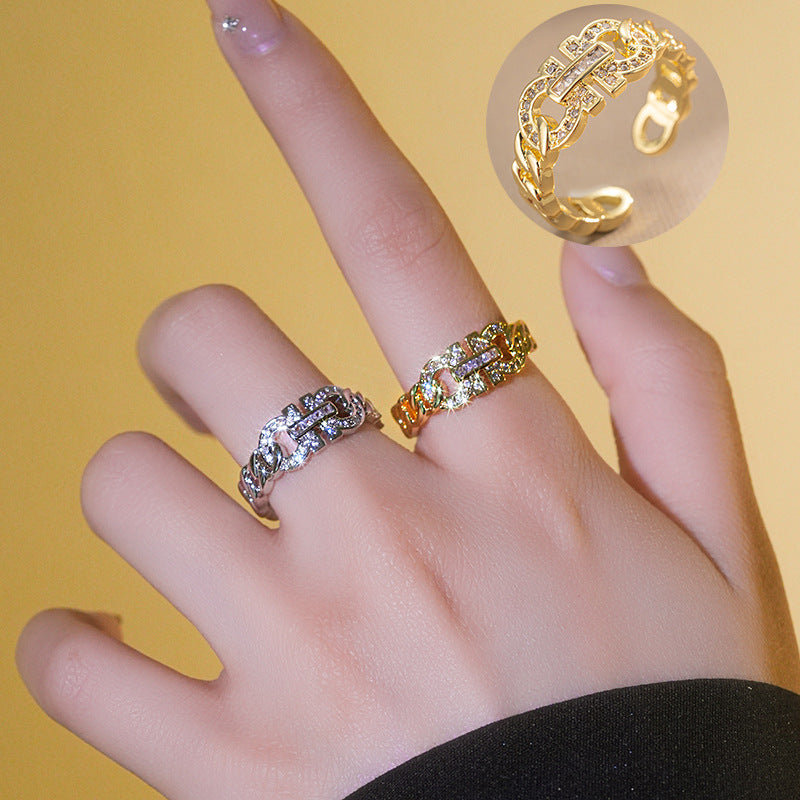 Light Luxury Geometric Adjustable Open Ring for Women with 18K Gold Plated Copper and Letter Accent
