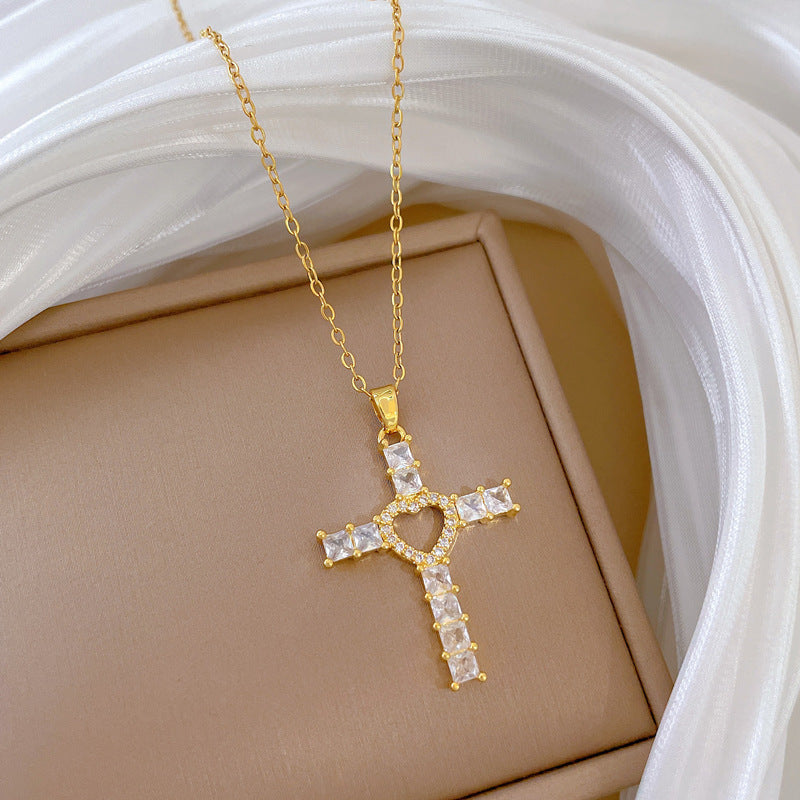 Minimalist Heart Cross Pendant Necklace in Titanium Steel with Rhinestone Inlay for Women