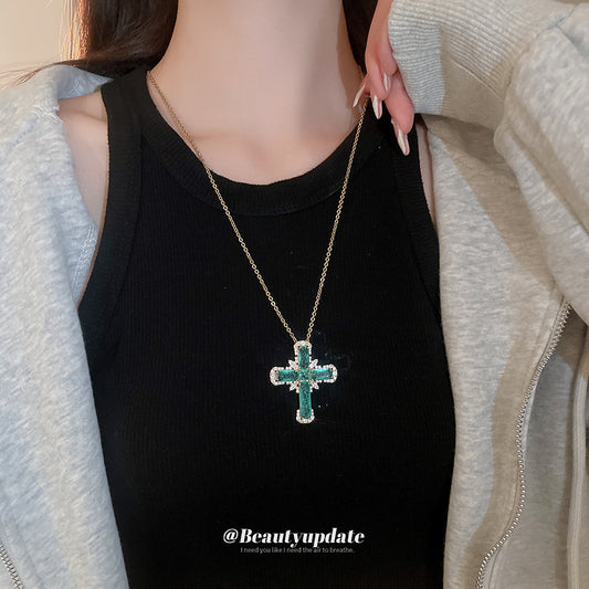 Elegant Cross Pendant Necklace for Women in Copper with Rhinestone Inlay, Geometric Design, Clavicle Chain Style