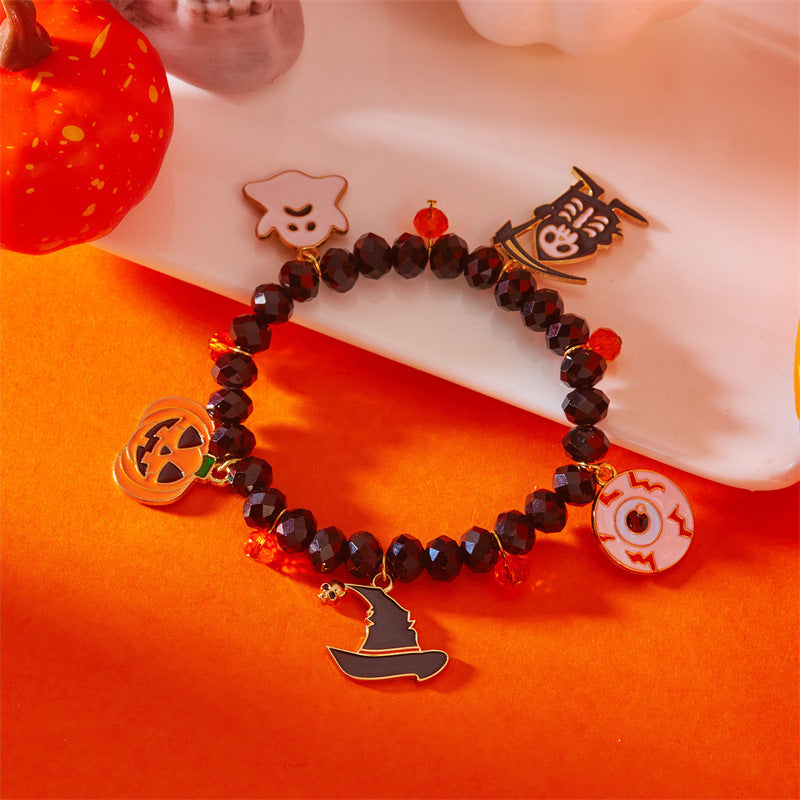 Bracciale con perline a tema Halloween con ciondoli a forma di zucca e fantasma, gioielli fatti a mano in lega con forme geometriche e cristalli per donna
