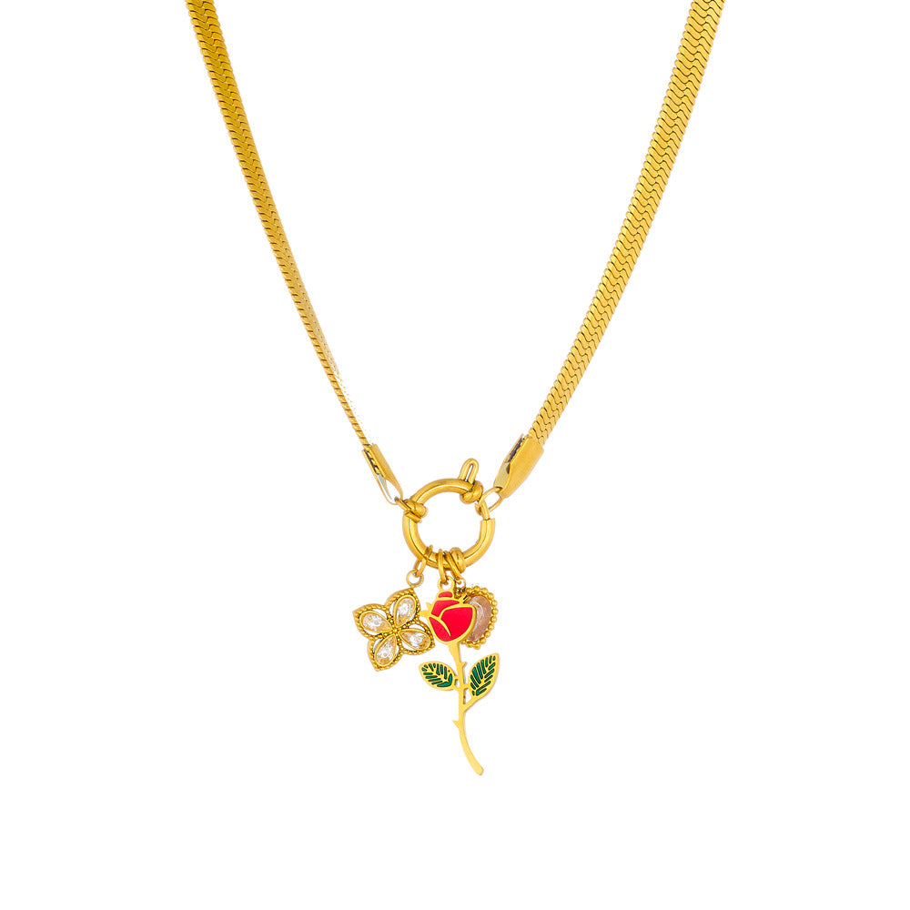Collana Pendente Rosa Floreale in Stile Vintage in Acciaio Inossidabile con Placcatura Oro su Catena Snake con Chiusura ad Anello a Molla