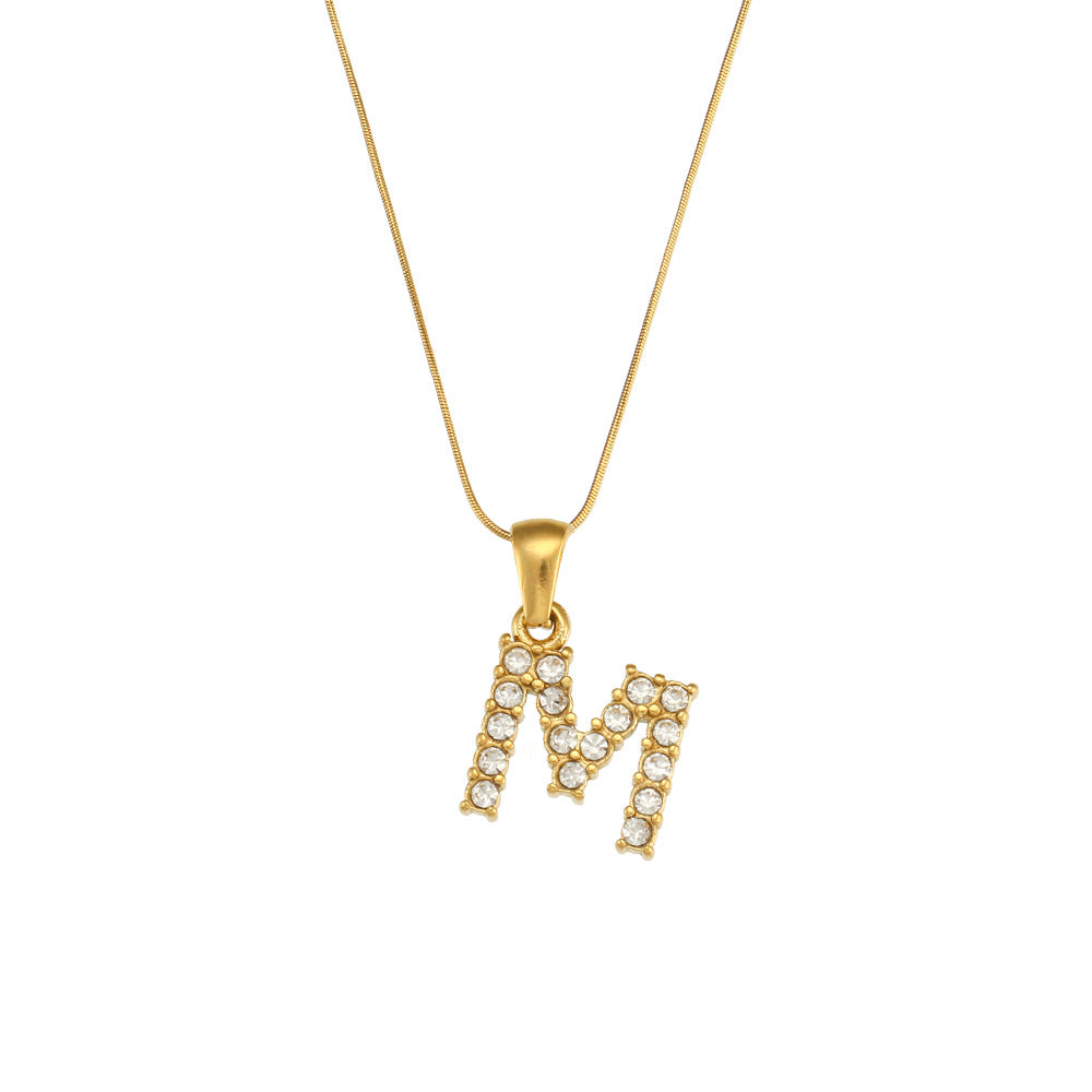 Fashion Minimalist Letter Pendant Necklace in Stainless Steel with 18K Gold Plating and Cubic Zirconia on Thin Snake Chain for Women